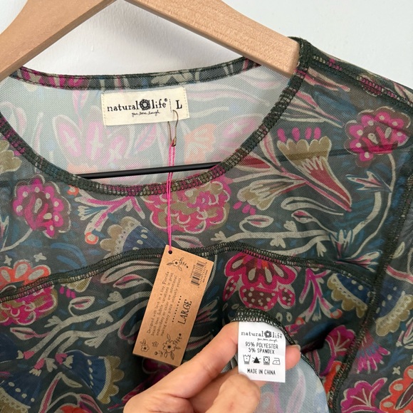 Natiral Life Large NEW Sloane Mesh Sheer Long Sleeve Top Floral Green Spring - Picture 3 of 6